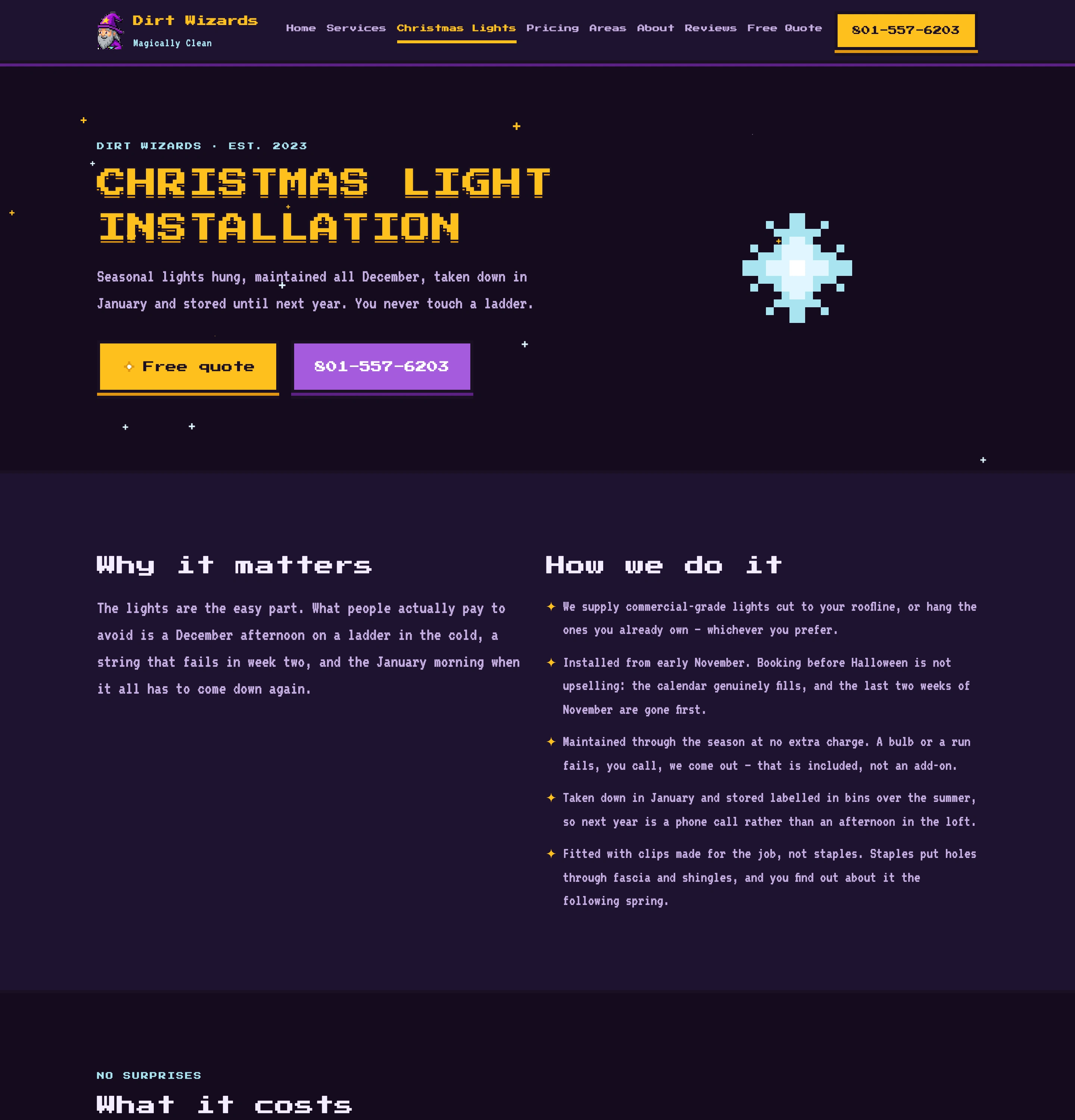 Long screenshot of the Dirt Wizards Christmas light installation page