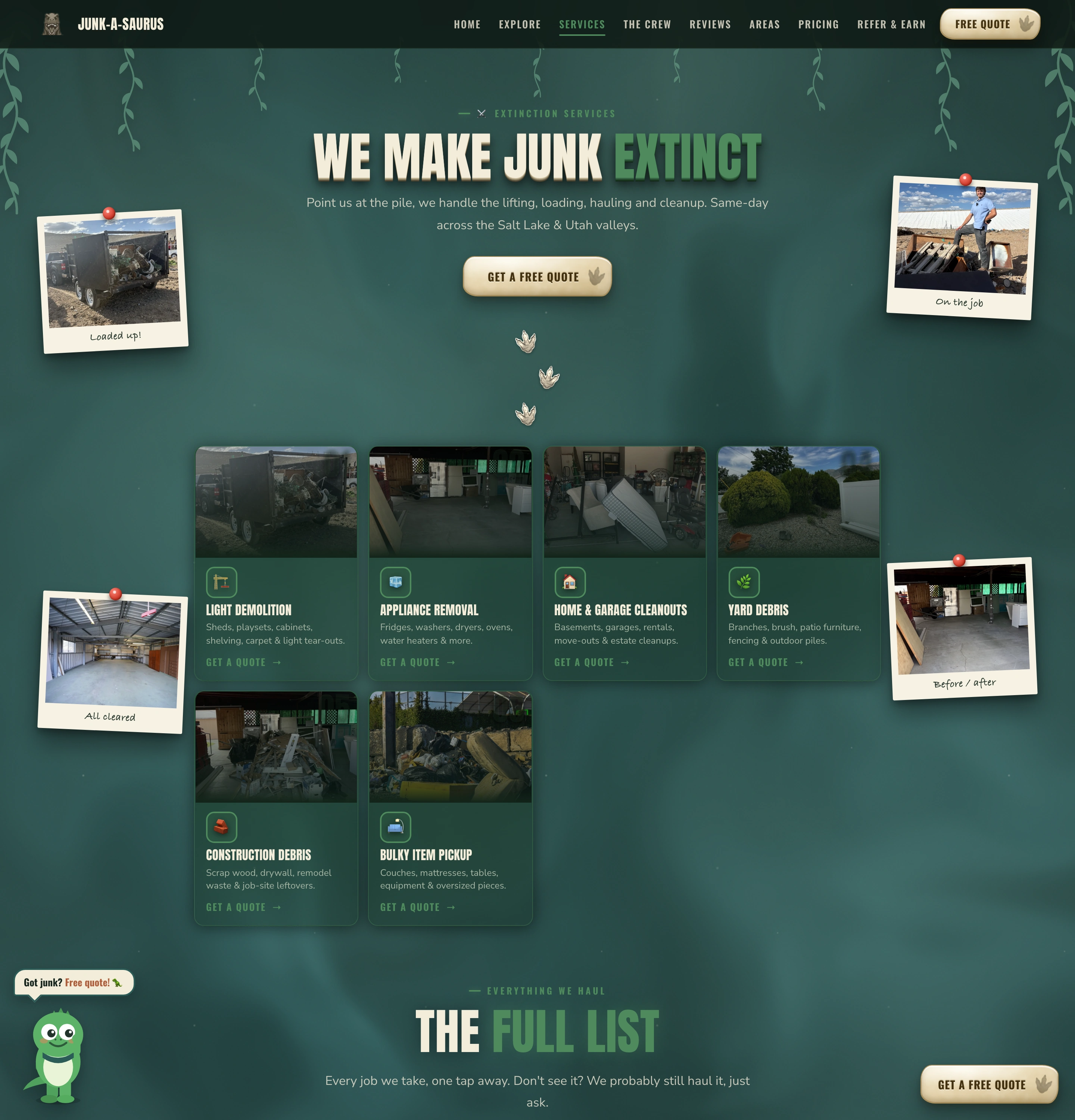 Long screenshot of Junk-A-Saurus services